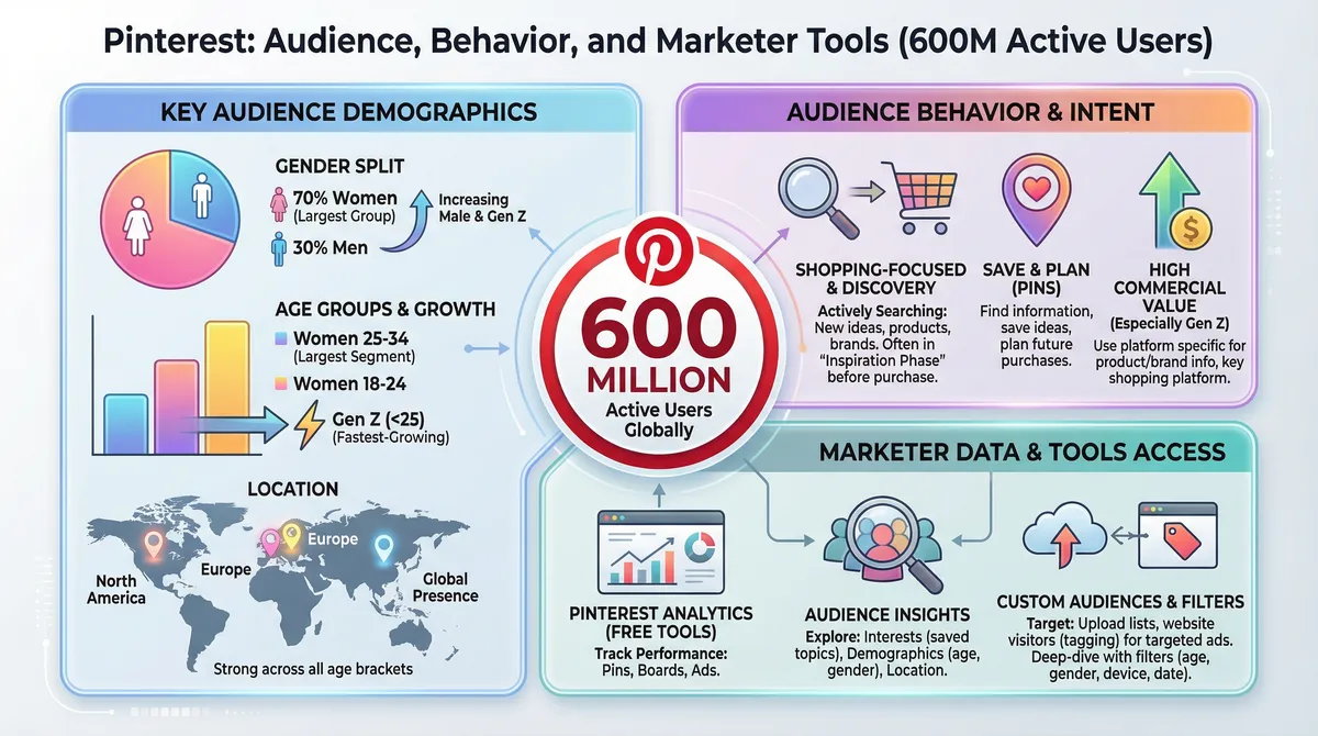 Create a beautiful chart based on this data.  Pinterest has 600 million active users. Pinterest's audience is predominantly female (around 70%), with the largest age group being women 25-34, though Gen Z is its fastest-growing segment and uses the platform heavily for product discovery and shopping, indicating a strong commercial intent across all demographics. Marketers use Pinterest Analytics, Audience Insights, and custom audiences to target users based on demographics, interests (topics they save), and behavior for effective campaigns. Key Audience DemographicsGender: Roughly 70% women, 30% men, with increasing male and Gen Z users.Age: Largest segment is women 25-34, followed by women 18-24; Gen Z (under 25) is the fastest-growing group.Location: Significant user bases in North America, Europe, and globally, with a strong presence across all age brackets. Audience Behavior & IntentShopping-Focused: Users are actively searching for new ideas, products, and brands, often in the "inspiration phase" before purchase.Discovery: They use Pinterest to find information, save ideas (Pins), and plan future purchases.High Commercial Value: A significant portion of users (especially Gen Z) use Pinterest specifically to find product/brand info, making it a key shopping platform. How to Access & Use Audience Data (for Marketers)Pinterest Analytics: Free tools to see performance of your Pins, Boards, and Ads.Audience Insights: Shows interests, demographics (age, gender), and location of people who engage with your content or specific topics.Custom Audiences: Upload customer lists or create audiences based on website visitors (tagging) for targeted ads.Filters: Use filters (age, gender, device, content type, date) within analytics to deep-dive into specific segments. 